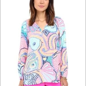 Lilly Pulitzer Elsa Tile Wave Linen Blouse Womens S Resortwear Vacation Beach